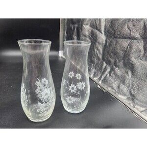 Vintage Etched Lot 2 Glass Daisy Flower Vase Clear 1980s Pasabahce Turkey 7 Inch
